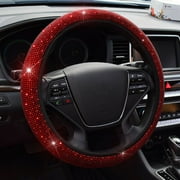 Bling Rhinestone Steering Wheel Cover with Crystal Diamond for Women, Sparkling Car Wheel Protector Universal Fit 14-15 inches - Red